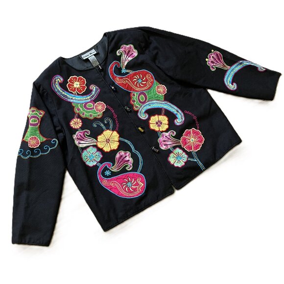 Indigo Moon Flower Applique Jacket Glass Buttons Black with Colorful Floral - Picture 3 of 7